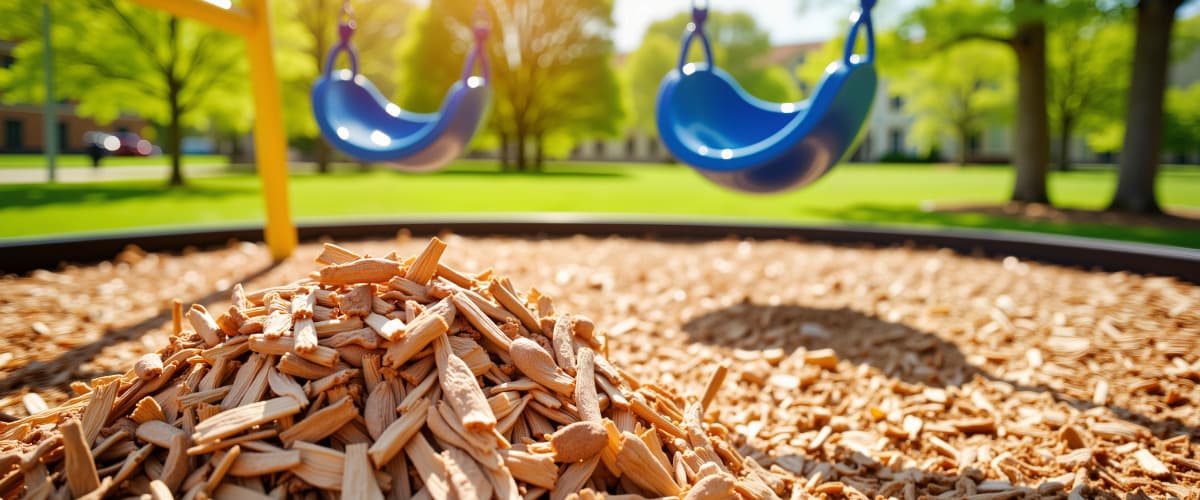 close up of playground mulch under swing