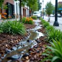 street with mulched rain garden along side