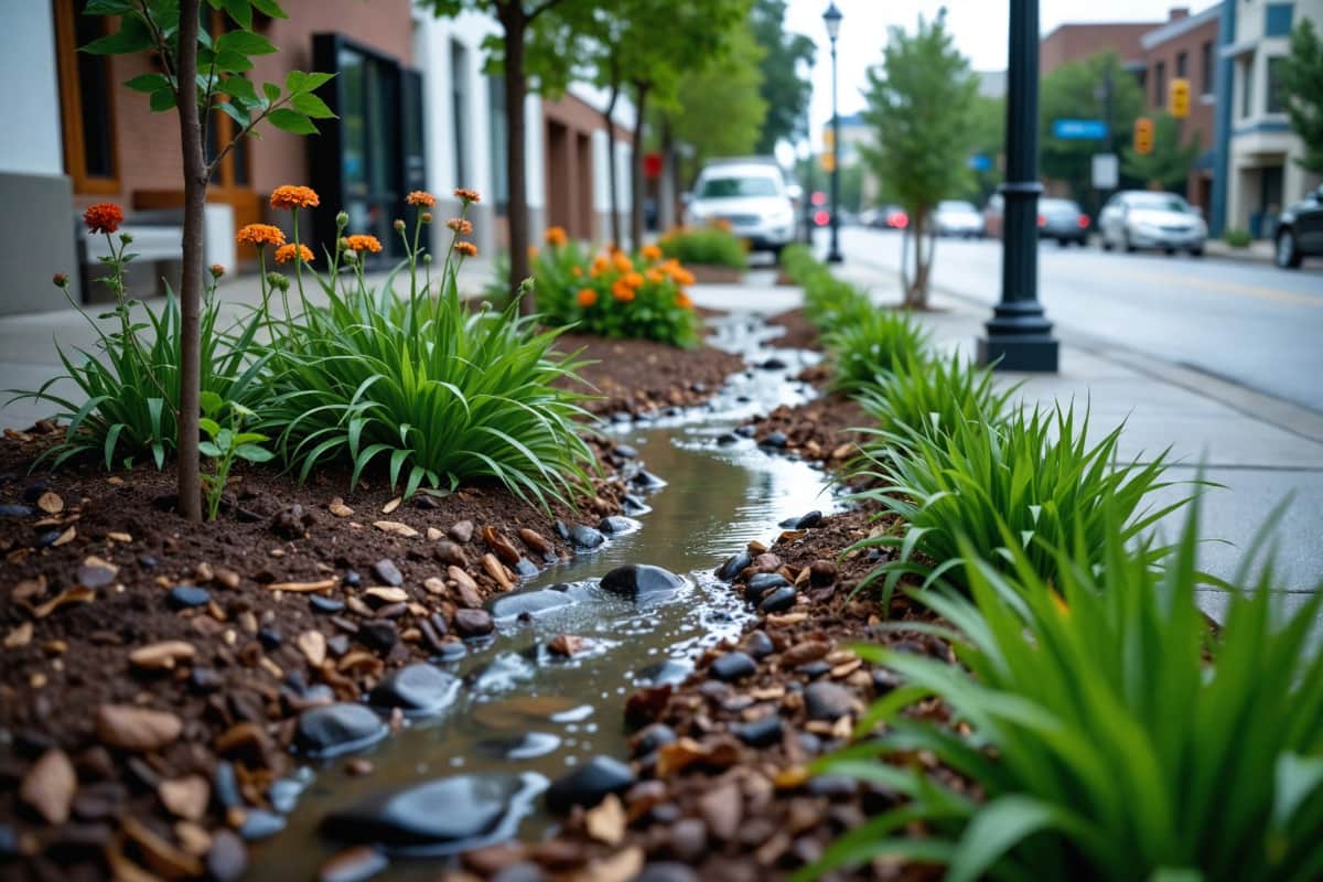 street with mulched rain garden along side